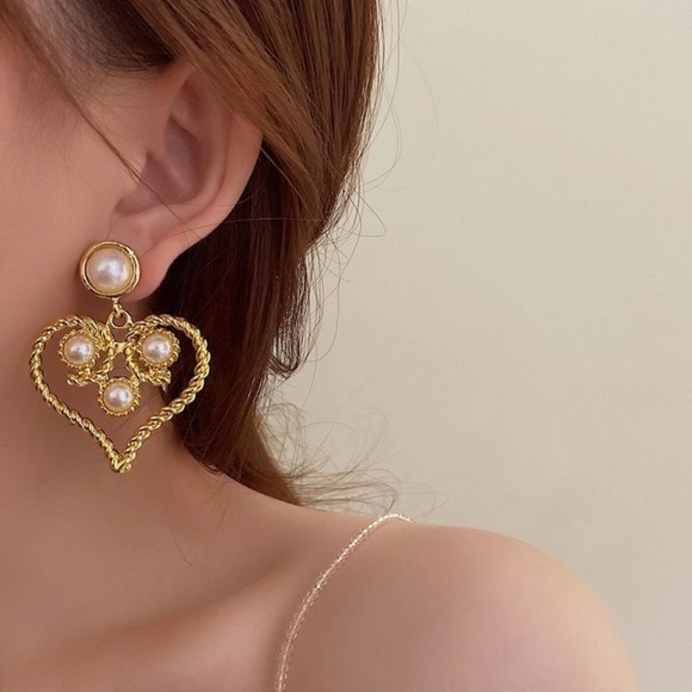 Heart Drop Earrings Women OS Gold NEW Faux Pearl 925 Silver Post nyunyu Korea